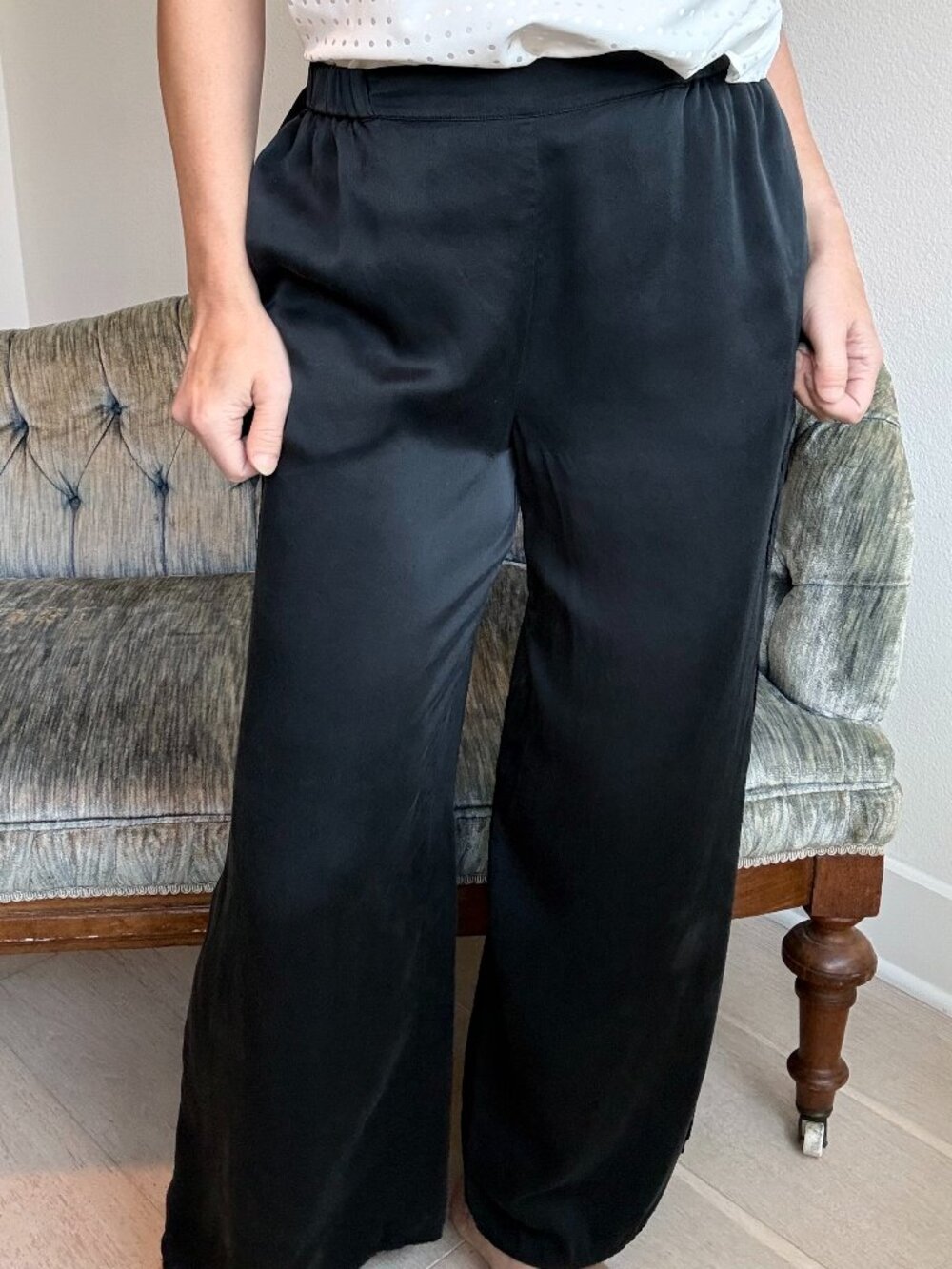 Quince Black Washable Silk Pants Loungewear Split Leg Quiet Luxury Loungewear